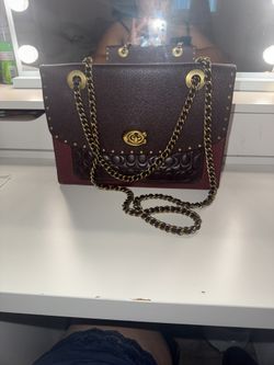 Coach Maroon and Dark Brown Shoulder Bag with Gold Chain