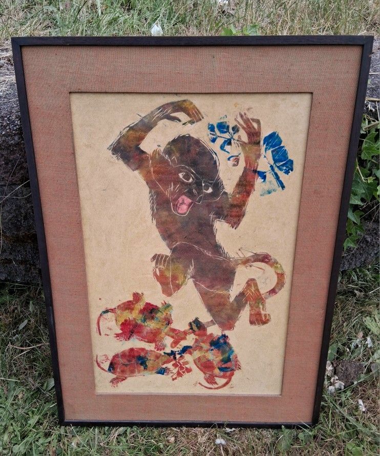 Vintage 1969 Monkey Japanese Woodblock Asian Wall Art Hang Home Decor Painting