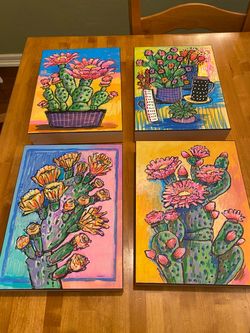 Cactus acrylic paintings wall hangings on wood box frames with wire on back. Southwest . 9 x 12 “