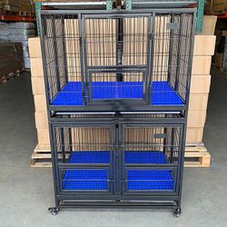 (Brand New) $370 Stacking Dog Cage (Set of 2) Heavy Duty 41x31x65” Crate Kennel w/ Plastic Tray, Wheels