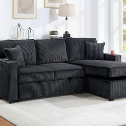 Sectional Convertible Bed W USB Port And Reversible Storage Chaise. Black Corduroy Fabric. New Especial Price 