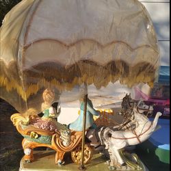 Vintage Mid Cen Capodimonte X-Large Italian Horse Carriage Porcelain Lamp Fringe Shade ( TLC ) FIGURINE 