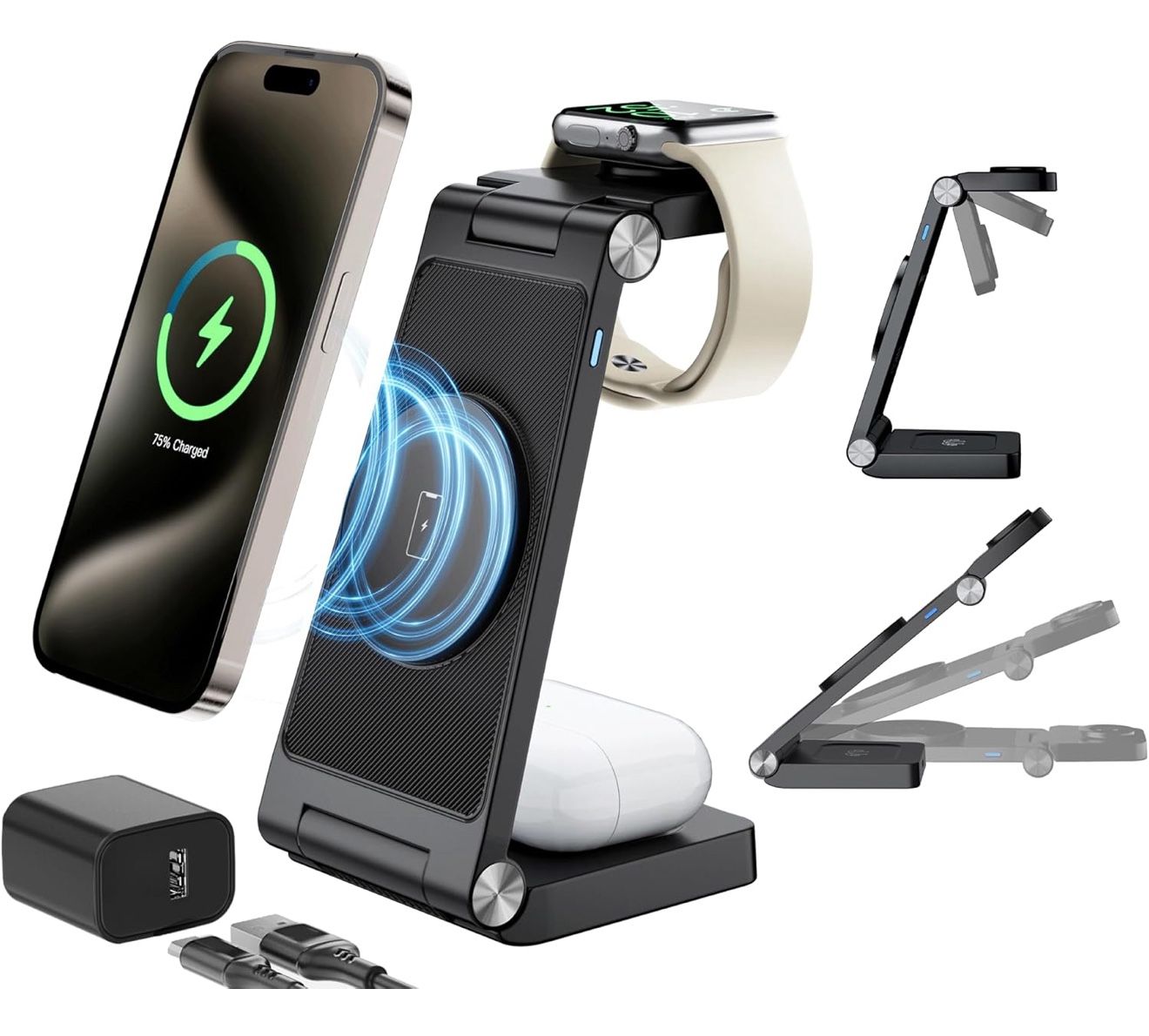 Magnetic Wireless Mag-Safe Charging Station, 3 in 1 Fast Max Charging for iPhone 16 15 14 13 12 Pro Max Plus, Apple Watch, Air Pods Pro - Space-Saving