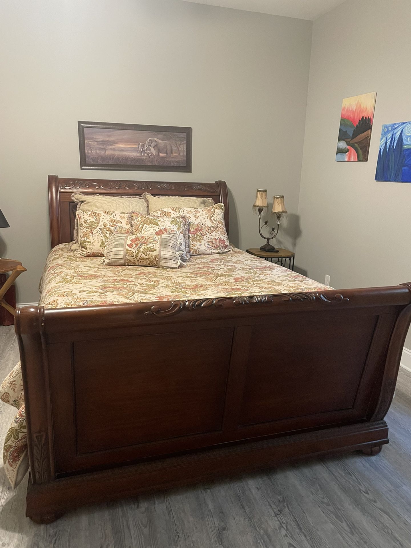 Natural Cherry Wood Sleigh Bed and Dresser