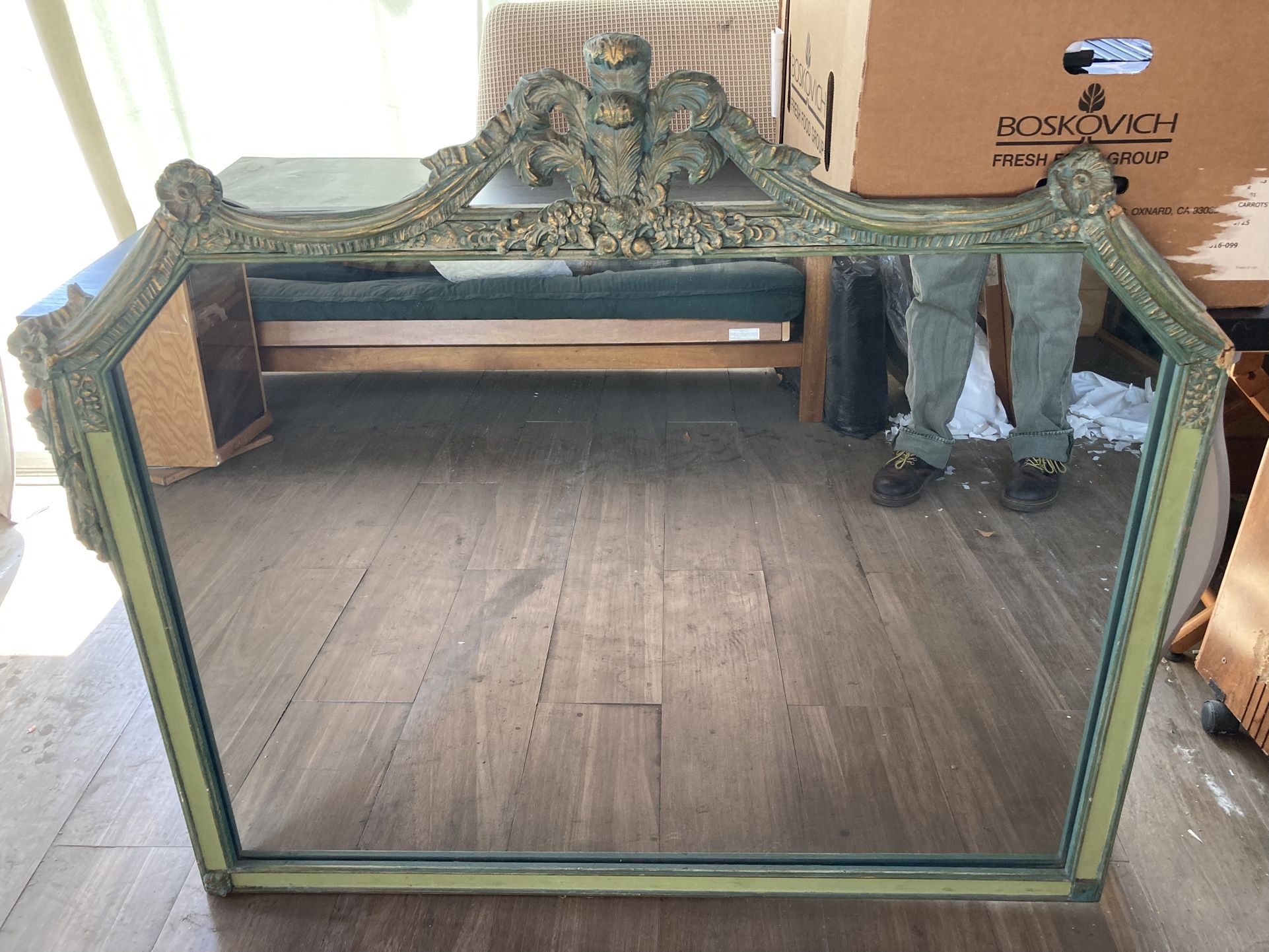 Large Mirror Ornate decorative green gold carved wooden frame vintage antique 1960s Electro Bonded Copper Virginia