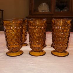 6 Vintage Amber Indiana Whitehall Cubist Tumblers /  Drinking Glasses.. 12oz. 6” Tall. 