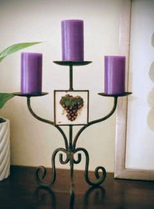 Wrought Iron 3-Candle Holder with 3D Grape Tile Accent –