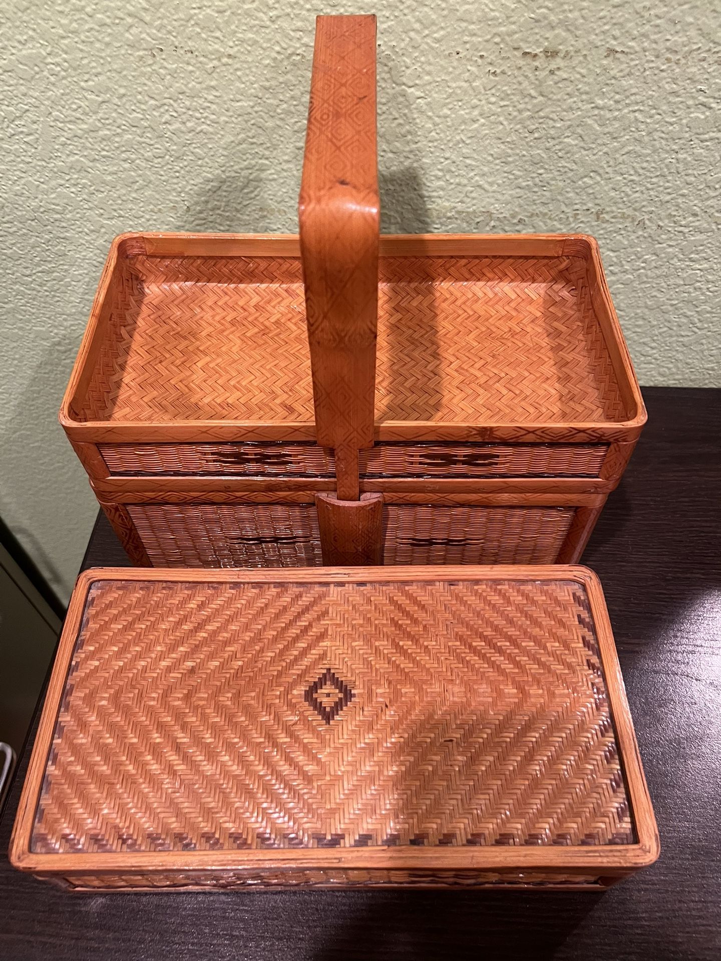 Vintage Chinese Rattan Food Picnic Three Tier Basket 1950s 9”Hx 11”Wx6”D