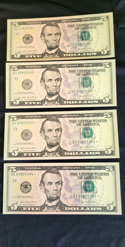 🌟 4 Consecutive $5 Star Notes - Series 2021 (Gem Uncirculated / Consecutive Run)