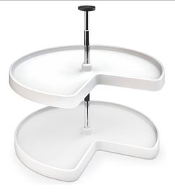 Rev-A-Shelf 2 Tier Kidney Cut Lazy Susan for Corner Base Cabinets, Plastic, 28" Double Shelf Swivel Kitchen Spice/Can Organizer, White, 3472-28-11-52