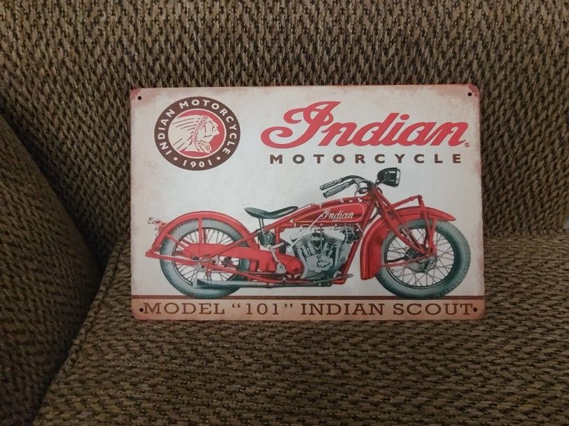 INDIAN MOTORCYCLE METAL SIGN. 12" X 8". NEW. PICKUP ONLY.