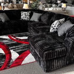AP🎉Black Huge Jumbo Corduroy Cozy Sectional Couch With Chaise// Financing & Delivery 