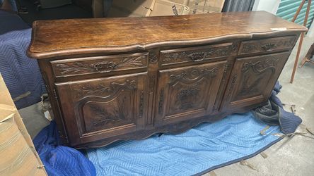 French Provincial Carved Wood Buffet/Sideboard – Long, Heavily Carved