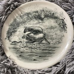 Vintage Porcelain Plate with Black and White Illustration of Two Beavers 11”
