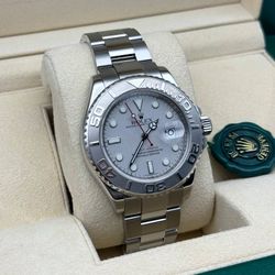 2007 Rolex Yacht-Master 40mm platinum engraved bezel silver dial 16622 red hand stainless steel oyster bracelet watch box appraisal