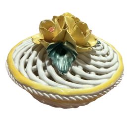 Vintage Italian Ceramic Reticulated Covered Dish Yellow Roses Hand Painted