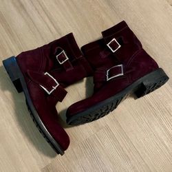 Jimmy Choo Burgundy Suede Biker Youth Short Motorcycle Boot