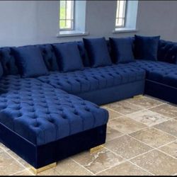 Blue Velvet Double Chaise Sectional, Seccional, Couch/ Delivery Available 