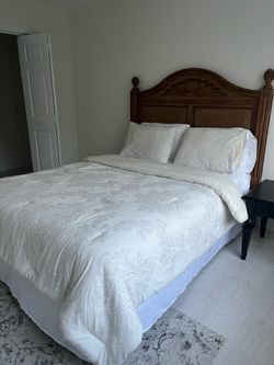 Queen mattress, headboard,  frame and bedding