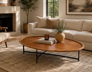 Modern Oval Wood Coffee Table – Solid Oak Look with Metal Legs