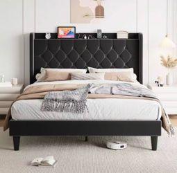 Full/ Queen Size Platform Bed Frame with Charging Station, Velvet Wingback Headboard with Storage Shelf, Wooden Slats Support, Ample Under-Bed Space, 