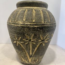 Vintage 10" Palms Design Carved Art Pottery Vase
