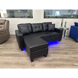 74"W Black PVC Reversible Sectional Sofa Chaise with LED Light,USB Port