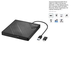 Amicool External DVD Drive USB 3.0 USB C CD Burner CD/DVD +/-RW Optical Drive, Slim Portable DVD CD ROM Rewriter Writer