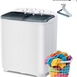 Mini Twin Tub 22Lbs Washing Machine with Drying Rack & 10 Hangers, Washer(13Lbs) and Spinner(9Lbs) Combo with Timer Knob, Compact Semi-automatic Laund