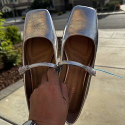 FRANCO SARTO WOMEN'S TINSLEY MARY JANE FLATS SILVER SIZE 7.5 NEW