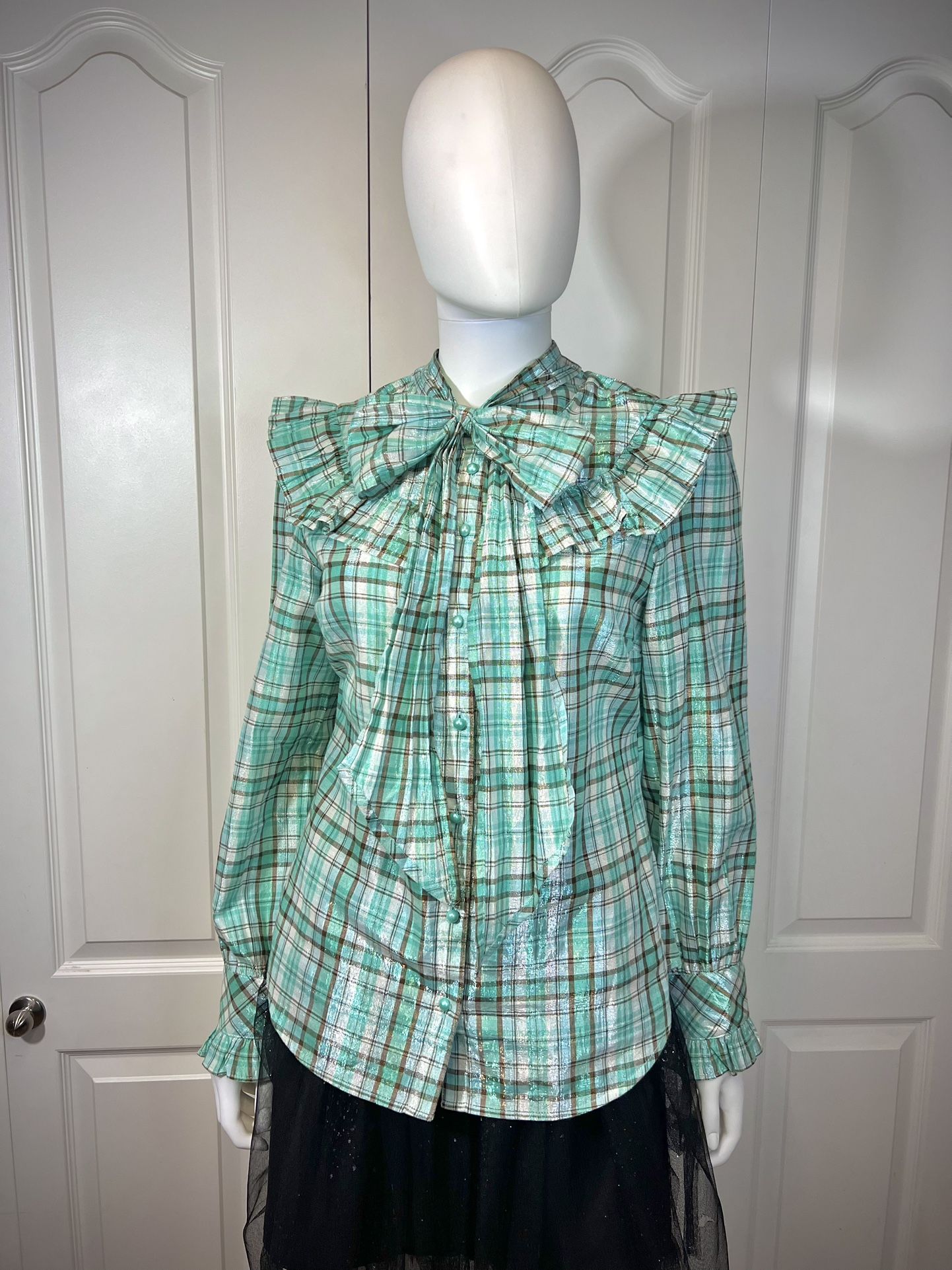 Macy’s Charter plaid mint and brown metallic frilly button-up blouse shirt