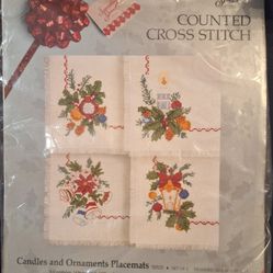 Vtg Counted Cross Stitch Something Special CHRISTMAS Placemats Candles & Ornaments