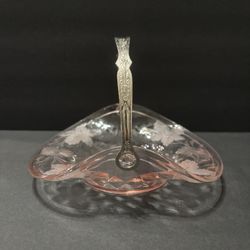 1930s antique, depression glass pink basket with silver handle