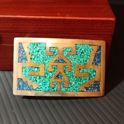 .925 Sterling Silver Taxco Mexico Turquoise Handcrafted Belt Buckle W/ Western Style Belt 