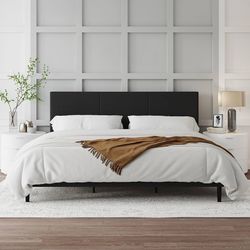 King Bed Frame, King Size Platform Bed Frame with Upholstered Headboard, Sturdy Wood Slats, No Box Spring Required, Silent, Easy Assembly, Black