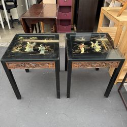 Set of 2 Vintage Hand Crafted China Oriental Art Accent Side Table Good Condition 