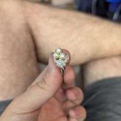 Vtg AVON Silver Tone Clear Rhinestones Pearls Flowers Cocktail Ring Sz 4 To 6