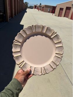 Acrylic Plastic Charger Plates 13" Round Beige with Gold Brushed Wavy Scalloped Rim - Dinner Charger Tableware
