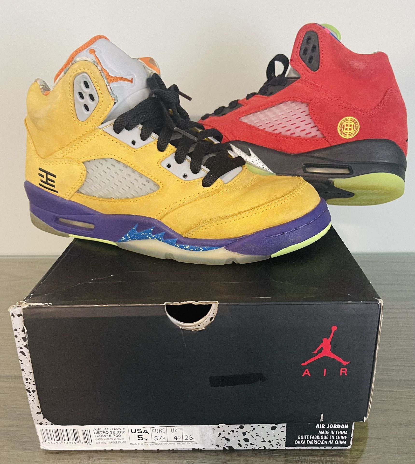Kids Air Jordan 5 GS “What The” Yellow/ Red Size 5Y With Box