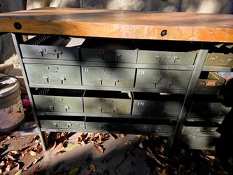 American industrial multi-drawer parts cabinet, likely from the 1940s. These cabinets are built for industrial use with welded steel