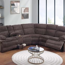 Brand New Brown Super Plush Corduroy Reclining Sectional Sofa 