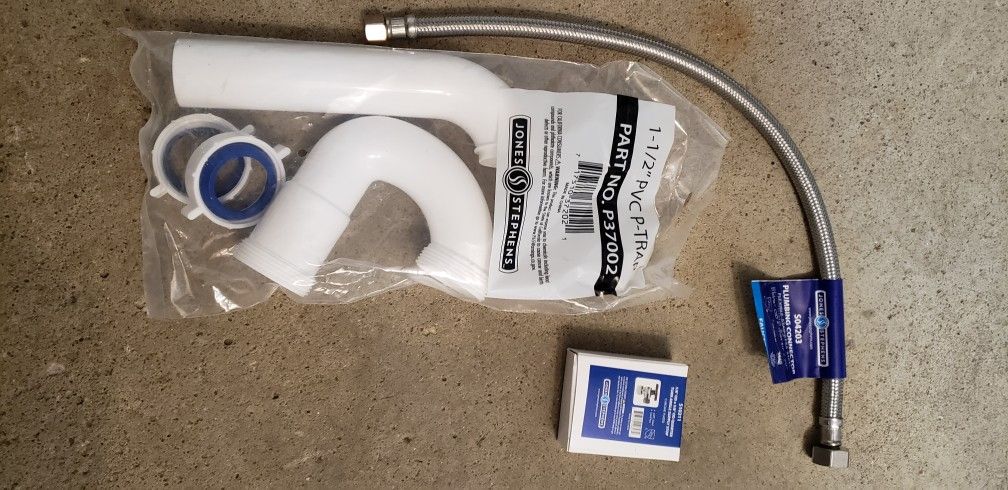 Plumbing  connector, water supply stop and pvc trap

3/8" od x 1/2" x20" plumbing connector 

5/8" od x 3/8" od quarter turn angle supply stop

1-1/2"