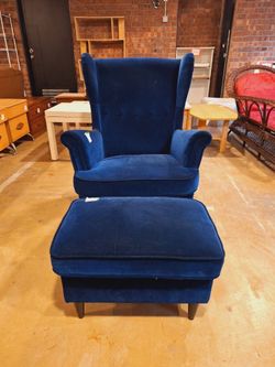 Blue IKEA Strandmon Armchair and Ottoman
