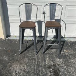 Set Of Two Grey Metal Bar Stools With Backs 