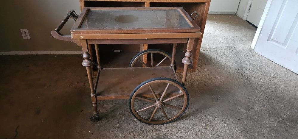 Antique Vintage Wood & Glass TEA CART Serving Cart on WHEELS