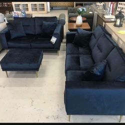 Navy Blue Velvet Modern Sofa Loveseat | Living Room Set 👍 In Stock ✅ Color Options 👈