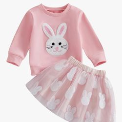 Toddler Girl Pink Easter Bunny Outfit Long Sleeve Sweatshirt Ruffle Layered Tulle Tutu Skirt