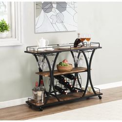 Brand New Industrial Rolling Bar Cart with Wine Rack & Glass Holder