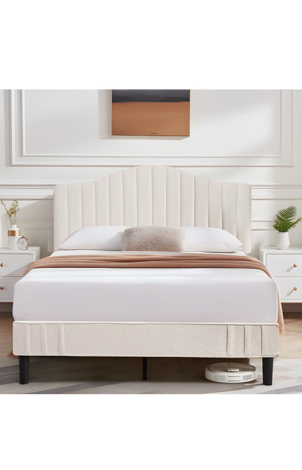 Upholstered Platform Bed Frame with Height-Adjustable Teddy Fabric Headboard