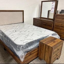 5 PCS Upholstered Bedroom Set Queen or King Bed Dresser Nightstand Mirror and Chest Millie